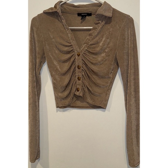 Forever 21 Long Sleeved Button Down Ruffled Gold Sparkle Crop Top - Picture 2 of 16